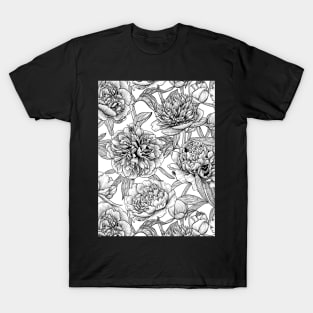 Peony flowers, black and white T-Shirt